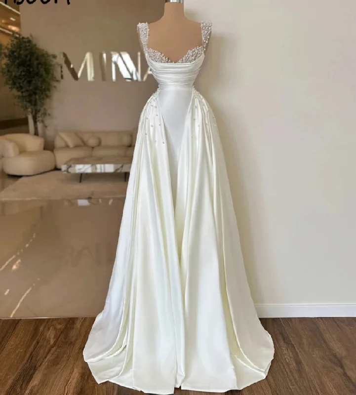 Trend Forward Threads For Her Luxury V-Neck Spaghetti Strap Pearls Sleeveless Wedding Dress Mermaid Floor Length Sweep Train Custom Made Bridal Gown