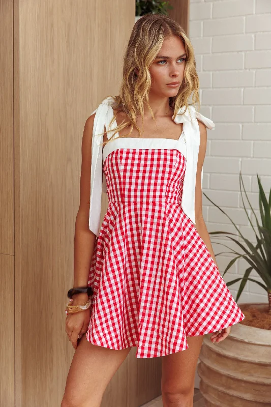 Trend Alert Jeanie Tied Shoulder Mini Dress Gingham Red