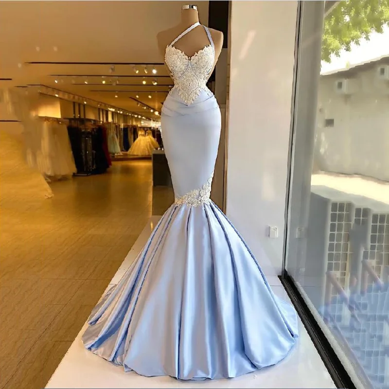 Chic Trends Unveiled Light blue evening gown sexy one shoulder applique satin mermaid prom dress long party dress plus size gh2137