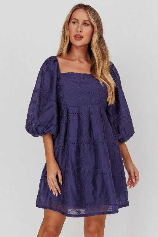 Elegant Clothing Summerlin Puff Sleeve Eyelet Mini Dress Navy