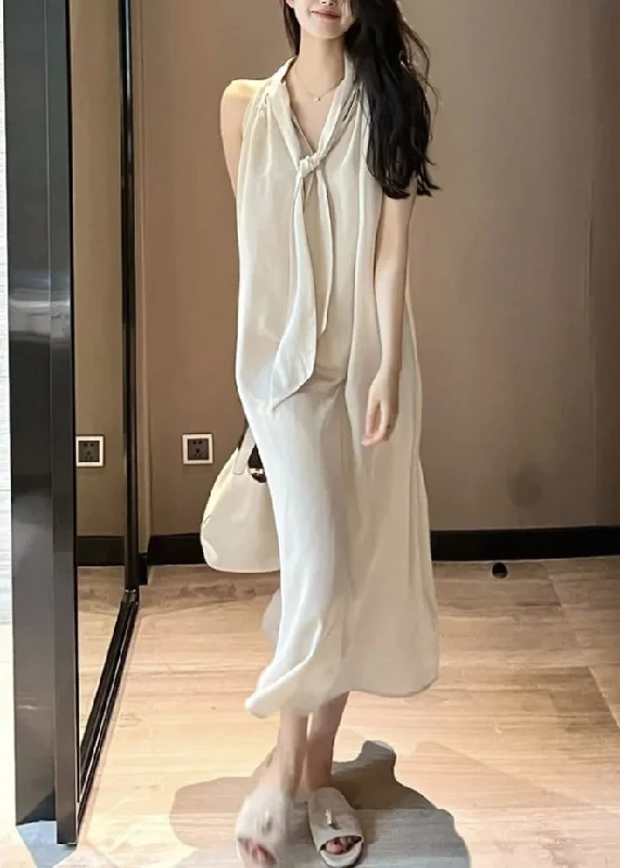 Comfort Meets Fashion Handmade Beige Neck Tie Holiday Chiffon Maxi Dress Sleeveless