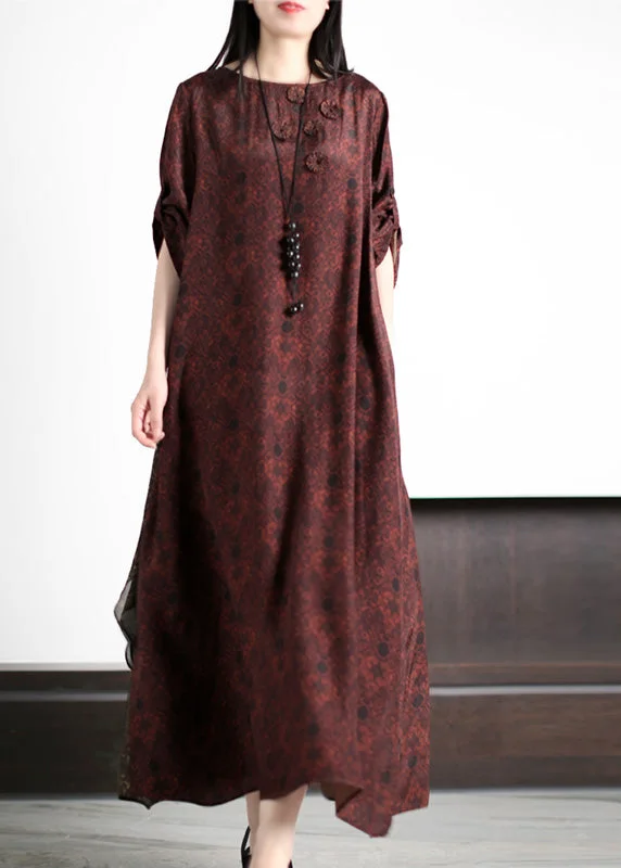 Fast Fashion Favorites Stylish Dark Red O-Neck Print Silk Maxi Dress Summer