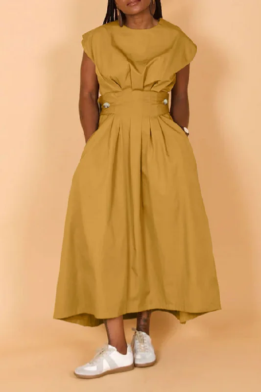 Bid Farewell To The Old Season Solid Color Round Neck Chic Pleated Midi Dress