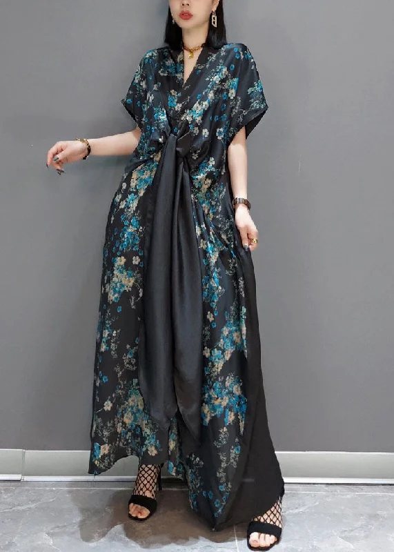 Trend Setting Threads Fashion Blue Patchwork Silk Maxi Dresses Short Sleeve