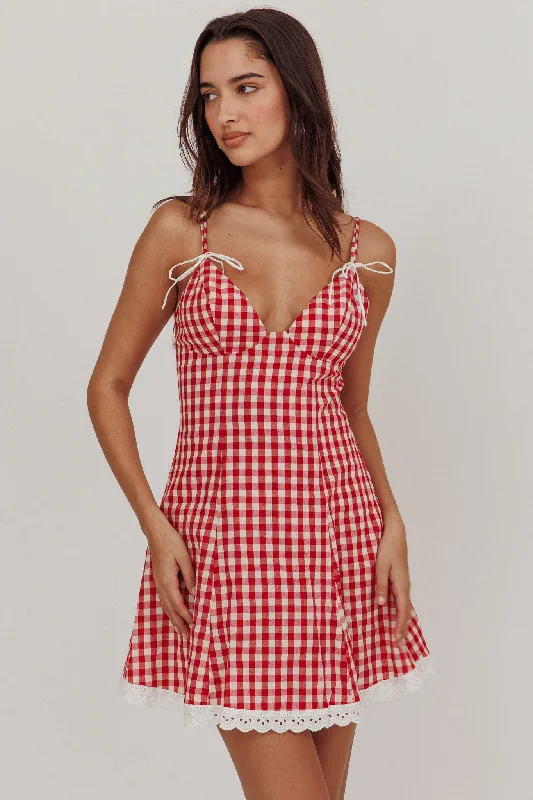 Trend Alert Noelle Lace Trim Mini Dress Gingham Red