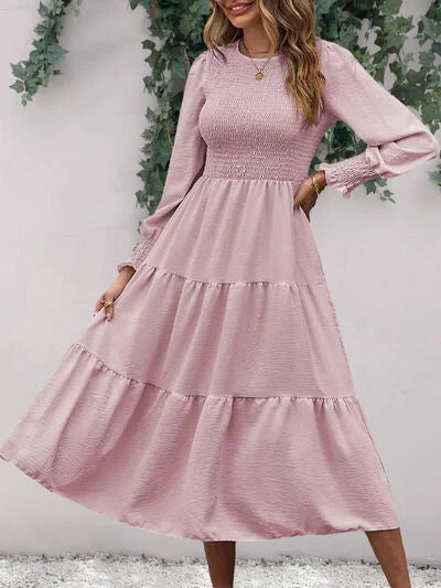 Big Discounts Smocked Round Neck Long Sleeve Midi Dress