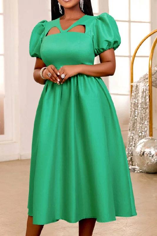 Luxury Style Solid Color Sweet Puff Sleeve Cutout A-Line Midi Dress