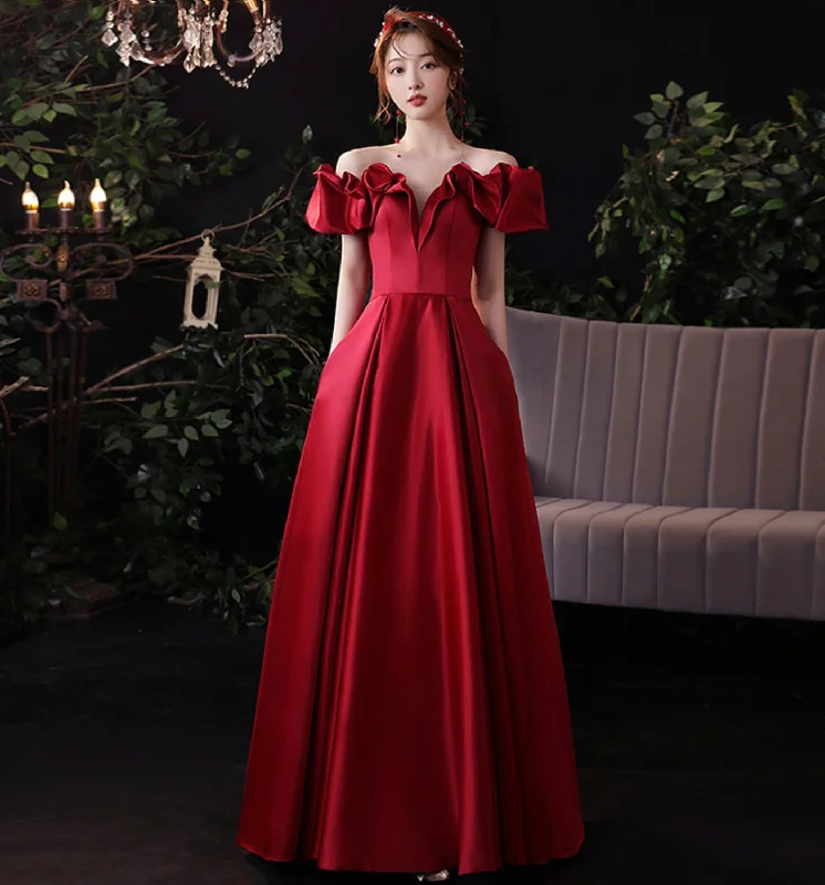 Wardrobe Refresh Burgundy satin long prom dress evening dress  8971