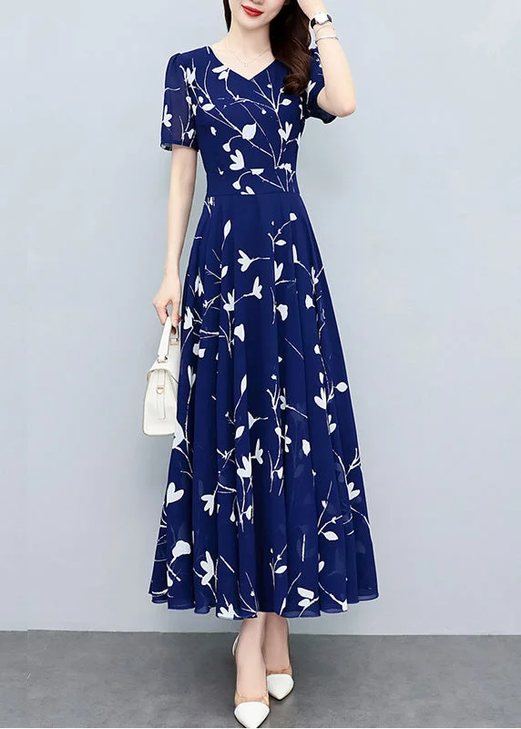 Everyday Glamour Elegant Navy Blue V Neck Print Slim Chiffon Maxi Dresses Summer