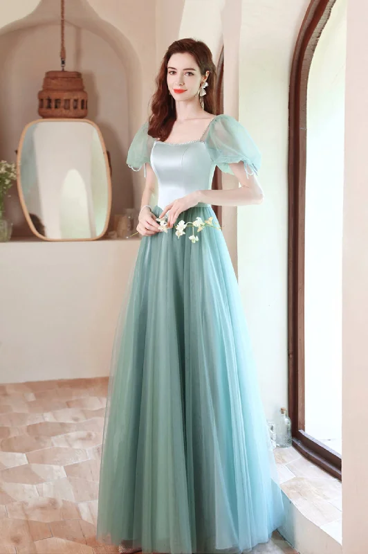 Vibrant Prints Green satin tulle long prom dress green evening dress  10618