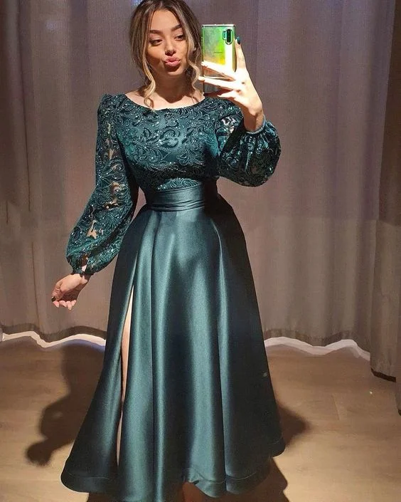 Additional Time-Limited Offers Green Satin Long Sleeves Prom Dresses Party Gowns Lace Evening Dress gh2756