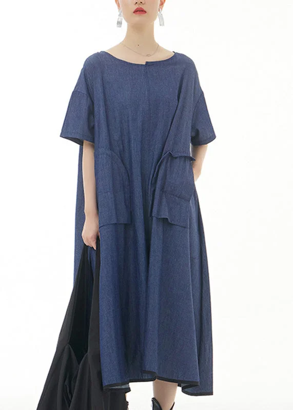 Elegant Fashion Blue O-Neck Solid Cotton Maxi Dress Short Sleeve