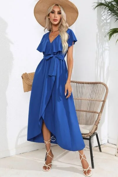 Stay Ahead In Style Ruffled Tied V-Neck Midi Dress