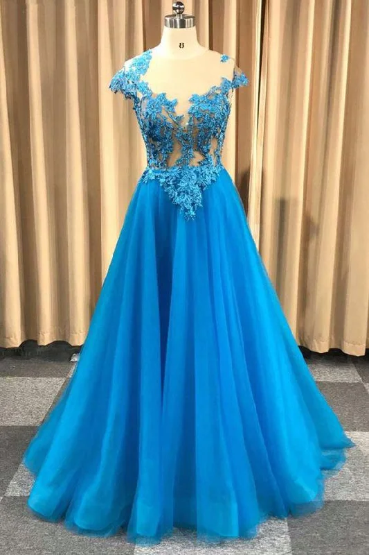 Fashion For Every Occasion Blue Sheer Neck Appliqued Tulle Prom Gowns, A Line Cap Sleeves Long Grduation Dresses M1730