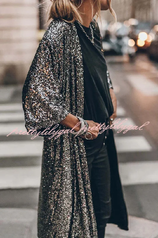 Vibrant Femme Fashion Disco Glamour Sequin Bell Sleeve Kimono