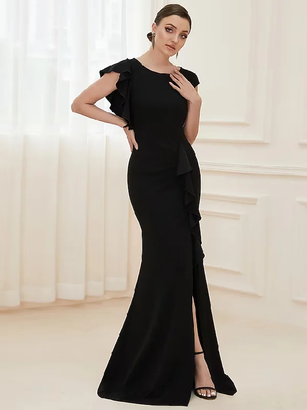 Buy More, Save More Evening Gown Vintage Dress Formal Floor Length Short Sleeve Jewel Neck Nylon with Ruffles Slit