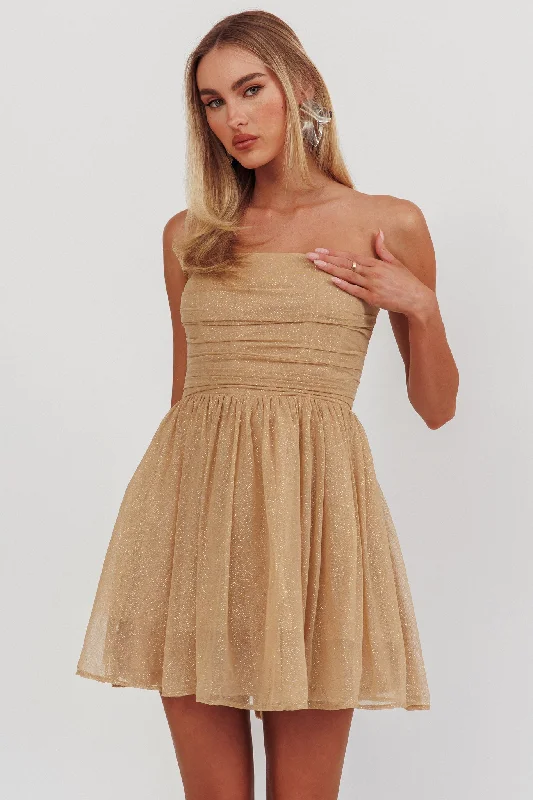 Romantic Detailing Guilty Pleasure Strapless Glitter Mini Dress Gold