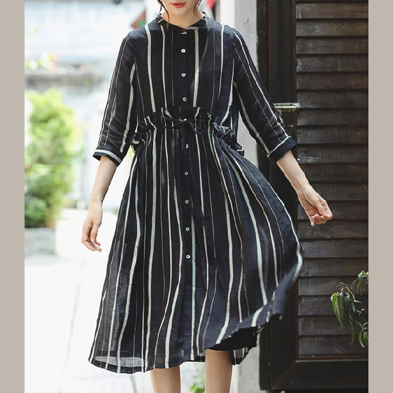 Weekend Special fashion black striped long linen dress trendy plus size o neck large hem linen clothing dresses women Three Quarter sleeve tie waist maxi dresses