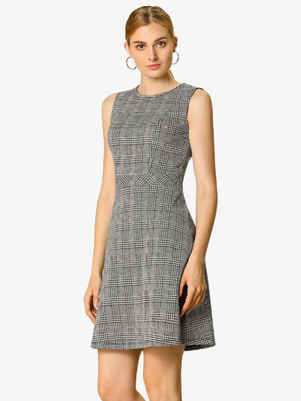 Alluring Design Plaid Sleeveless Fit and Flare Houndstooth Work Dress