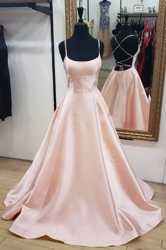 Wardrobe Refresh Pink spaghetti straps a-line satin prom dresses gh1160