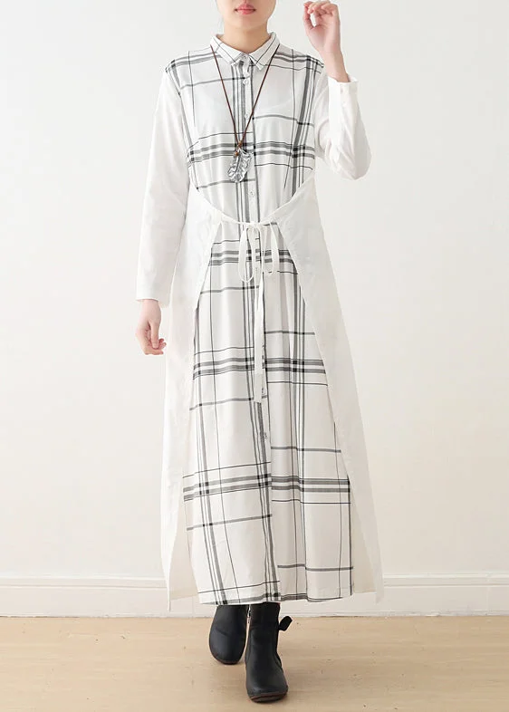 Alluring Design Handmade lapel tie waist cotton quilting dresses Omychic Sleeve white Plaid Maxi Dresses spring