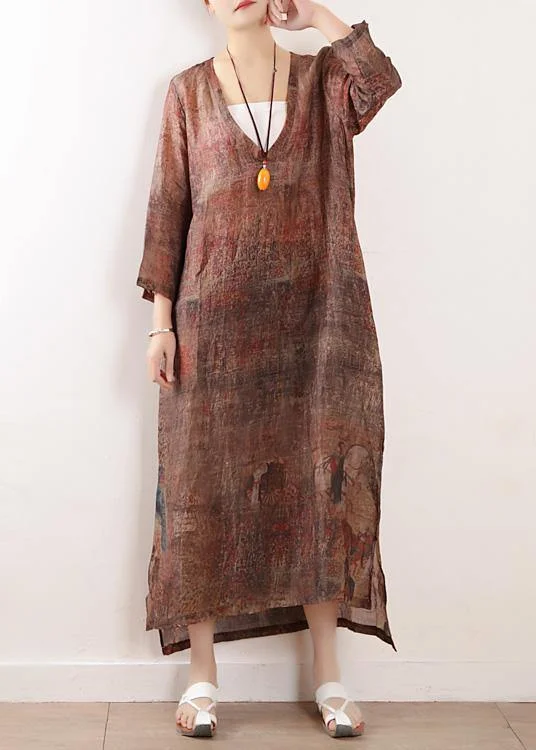 Luxe Women's Fashion Beautiful chocolate print linen clothes For Women v neck side open Maxi Dresses