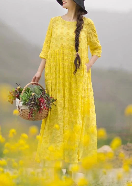 Big Savings Unique Yellow Embroidery Tunic Dress O Neck Half Sleeve Maxi Dresses