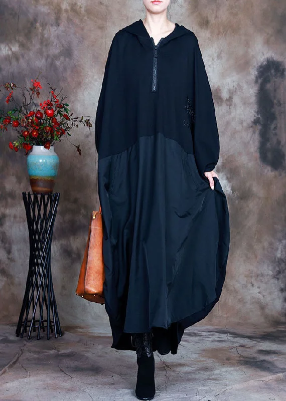 Catch Every Fashion Trend Simple Black fashion hooded Patchwork asymmetrical design Fall Maxi Dresses