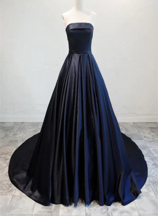 Graceful Cut Navy Blue Satin Long Party Dress, Elegant Dark Blue Formal Dress Evening Dress  gh134