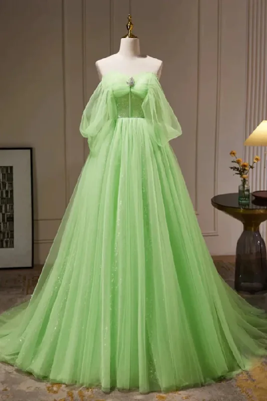 Ride The Style Wave Off Shoulder A Line Tulle Long Prom Dress, Green Formal Gown With Sequins MD7224