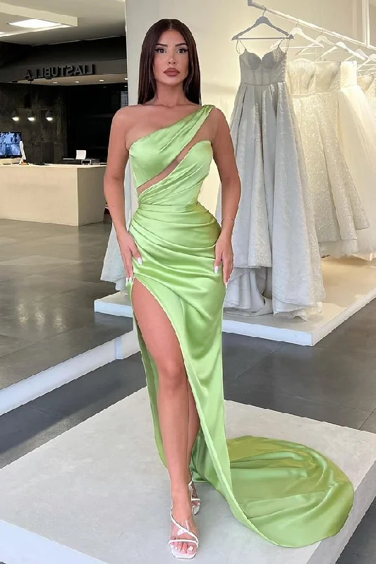 Exclusive Sale Light Green One-Shoulder Long Sleeveless Slit Evening Dress gh1905