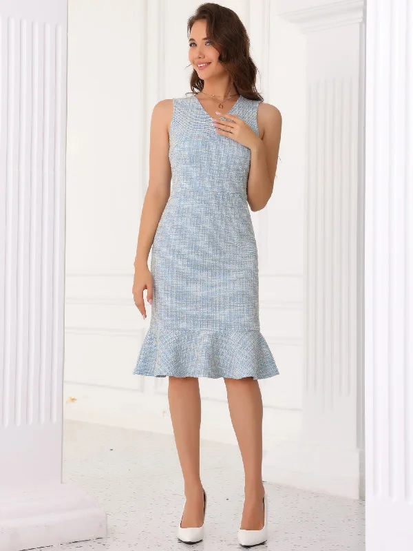 Flash Sale Tweed Sleeveless V Neck Ruffles Midi Plaid Dress