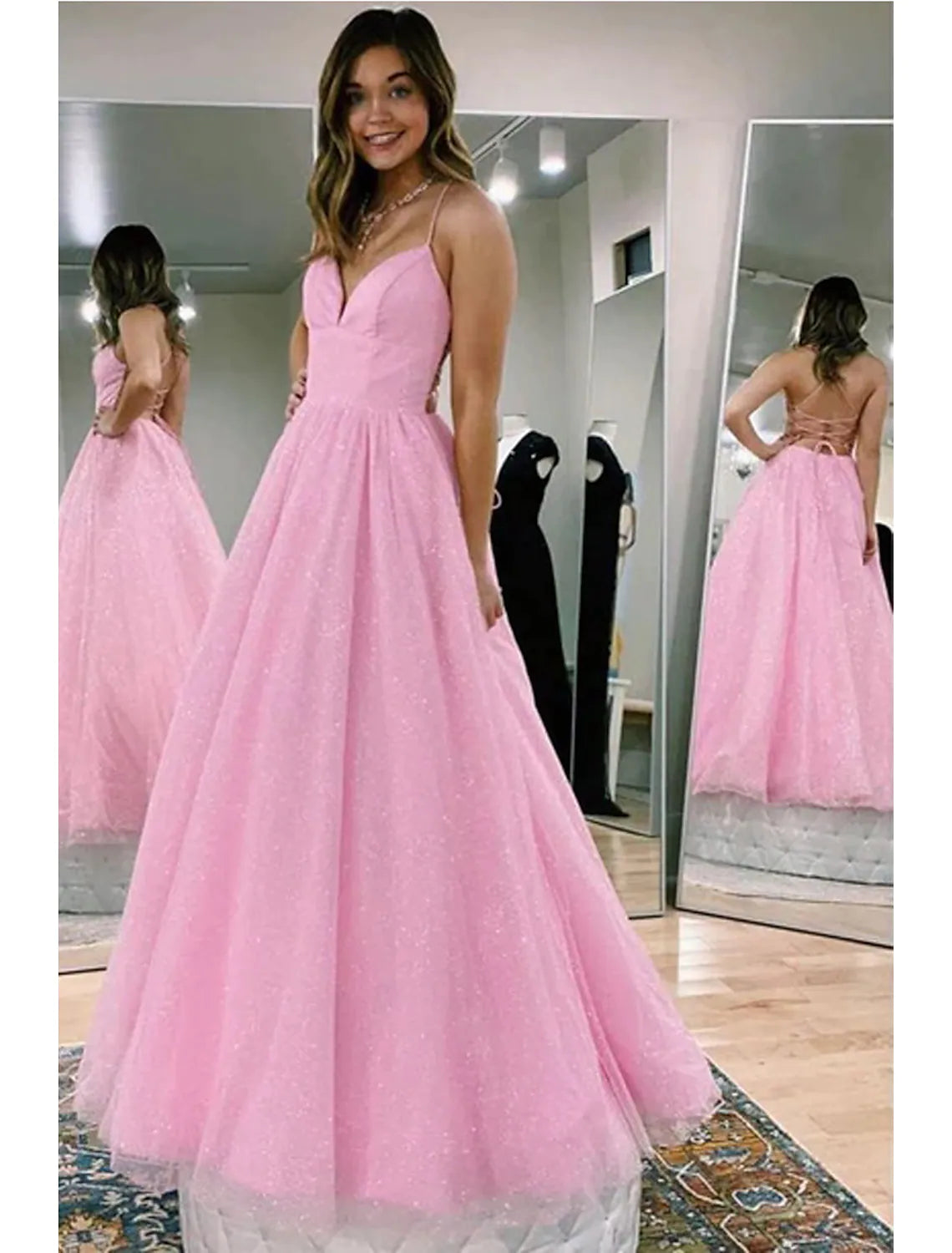 Special Offers, Don't Miss Ball Gown A-Line Prom Dresses Glittering Dress Formal Floor Length Sleeveless V Neck Tulle Backless with Pleats