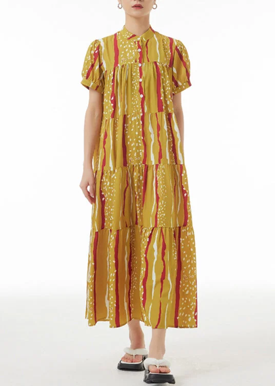 Urban Sophistication Novelty Yellow Print Patchwork Button Maxi Dresses Summer