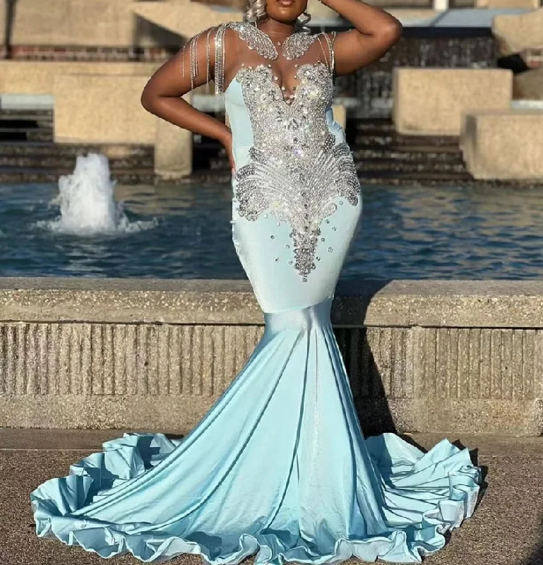 Wardrobe Essentials Sky Blue Mermaid Silver Rhinestones Prom Dress Luxury Black Girls Tassels Wedding Dress Birthday Party Gown