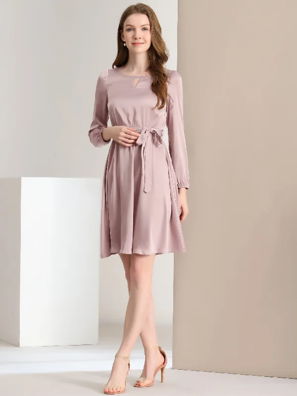 Feminine Grace Casual Business Round Neck Keyhole Belted Long Sleeve Satin Dress