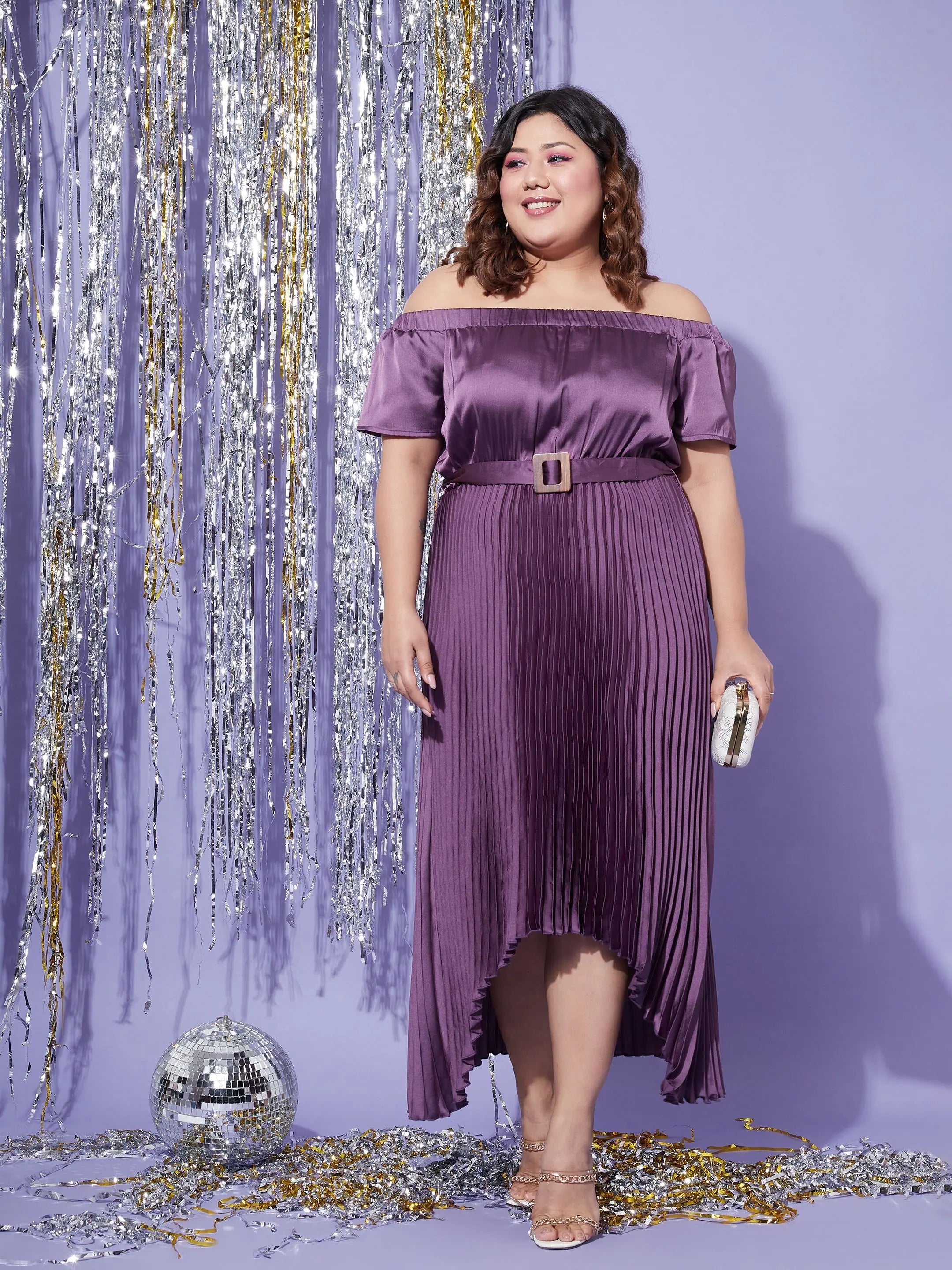 Explore What's New Women Purple Satin Accordion Pleats Bardot High Low Belt Dress