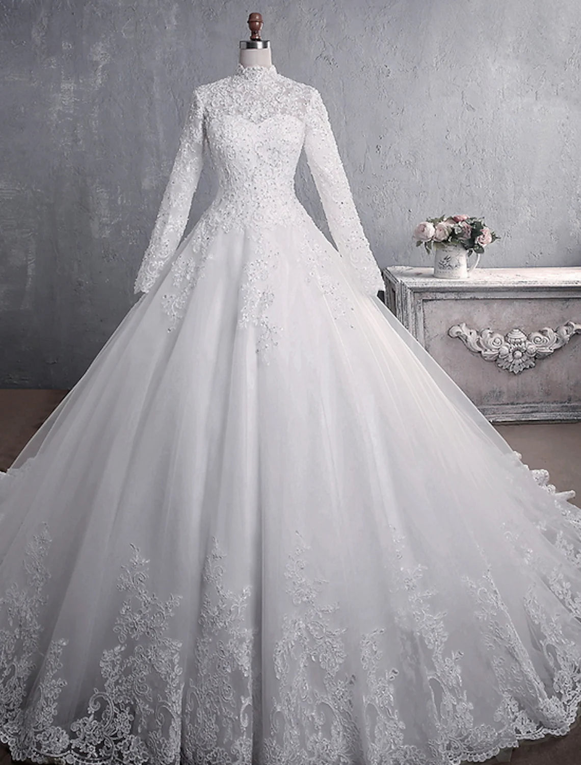 Limited Stock, Big Discounts Engagement Formal Wedding Dresses Princess Long Sleeve High Neck Lace Appliques