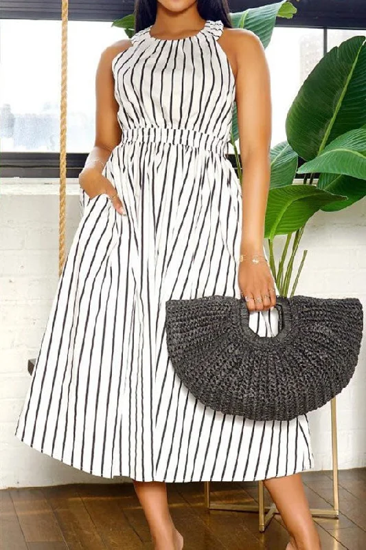 Wardrobe Refresh Vertical Striped Elegant Cross Back Midi Dress