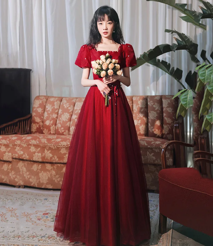 Tropical Island - Inspired Attire Burgundy satin tulle long prom dress A line evenig dress  10383