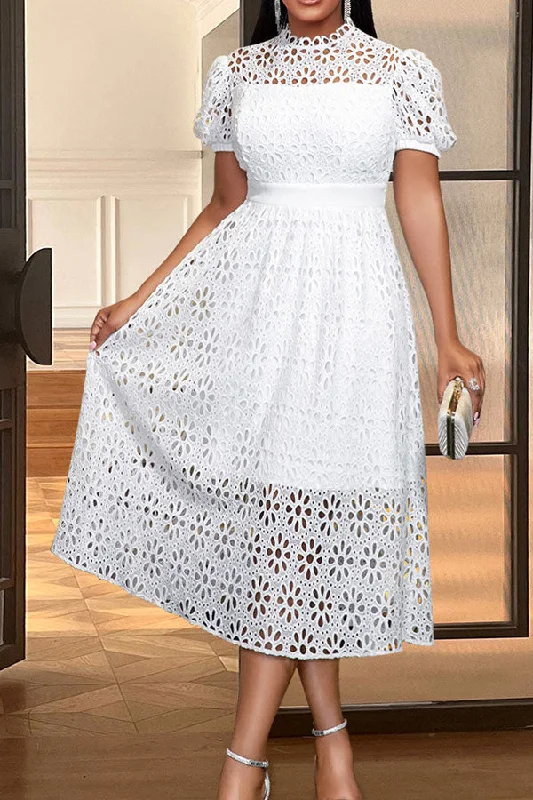 Fashion Deal Solid Color Cutout Lace Sweet Puff Sleeve Midi Dress