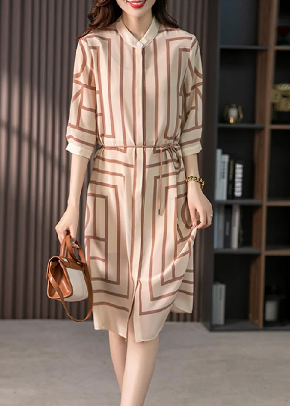 Earthy Tones Elegant Light Coffee O-Neck Striped Side Open Silk Maxi Dress Half Sleeve