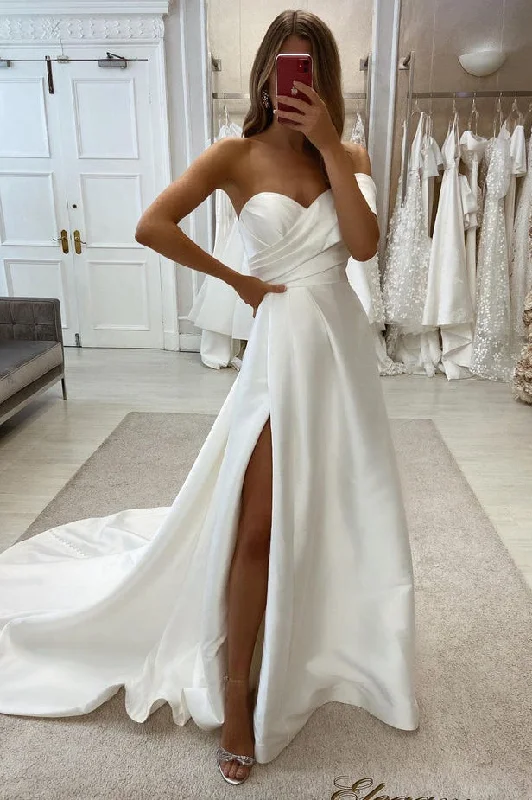 Comfortable Chic A Line Strapless Satin Wedding Dresses with Slit N131