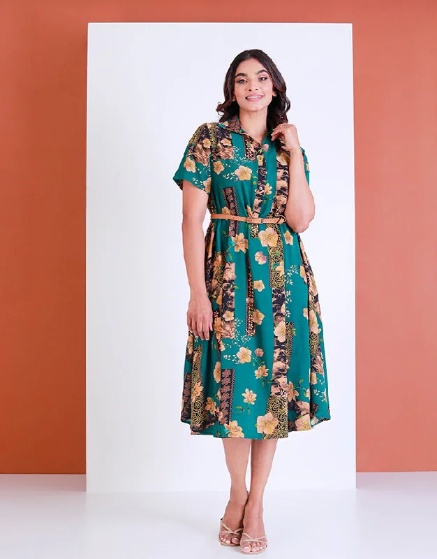 Embrace New Fashion Shirt Collar Printed Midi Dress