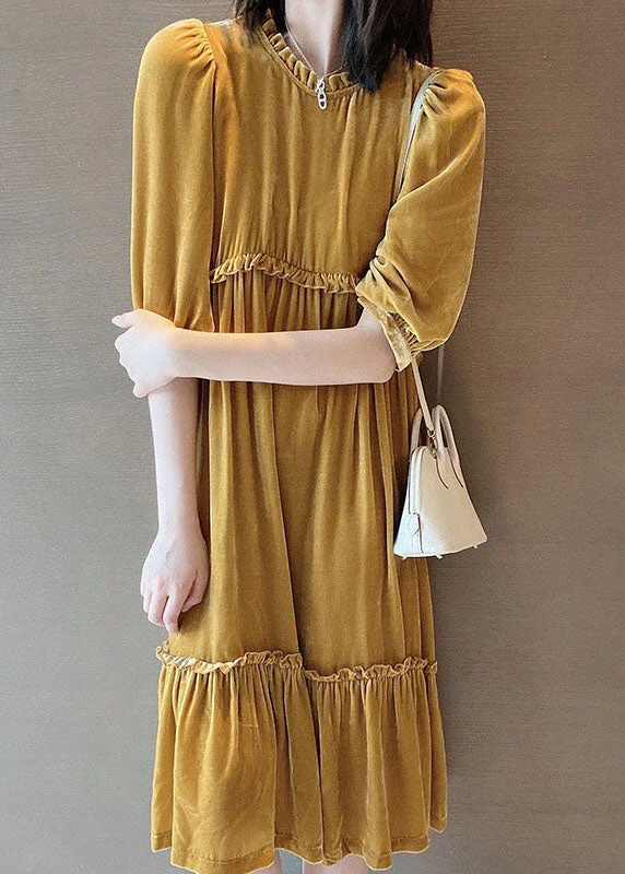 Get The Latest Trends Plus Size Yellow Ruffled Patchwork velour Fall Half Sleeve Maxi Dresses