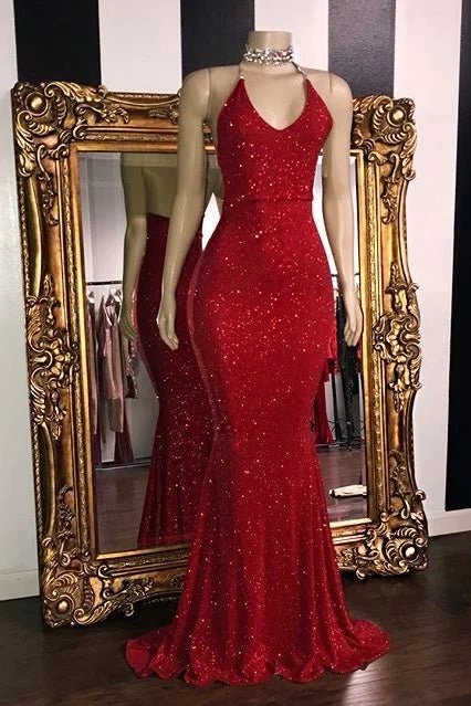 Bold Prints Casual Chic Sleeveless Red Mermaid Prom Dress With Seuqins gh639