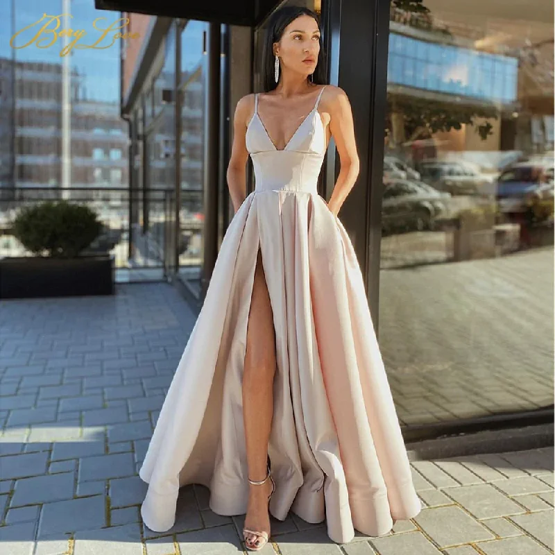 Everyday Wear Llyge Sexy V Neck Satin Evening Dresses Spaghetti Strap Side Slit Prom Dress High Waist Evening Gowns Party Dress  gh1012