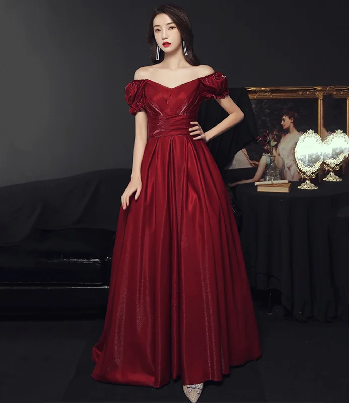 Fashion Forward Style Burgundy satin long prom dress A line evening gown  10502