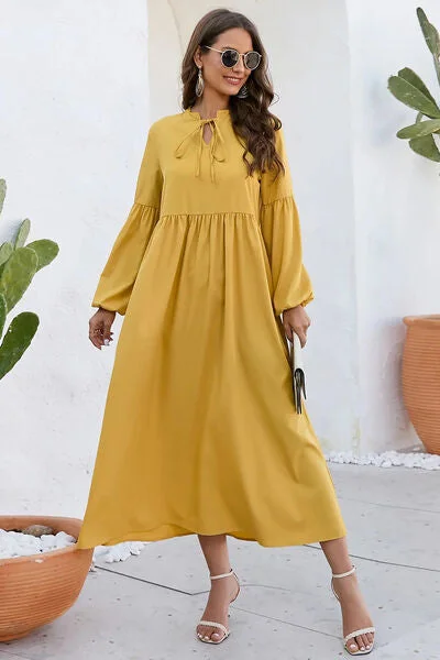 Trend Setting Wardrobe Ruched Tie Neck Balloon Sleeve Midi Dress