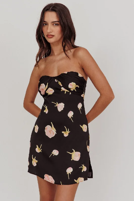 Wardrobe Refresh Sian Strapless Sweetheart Mini Dress Flowers Black